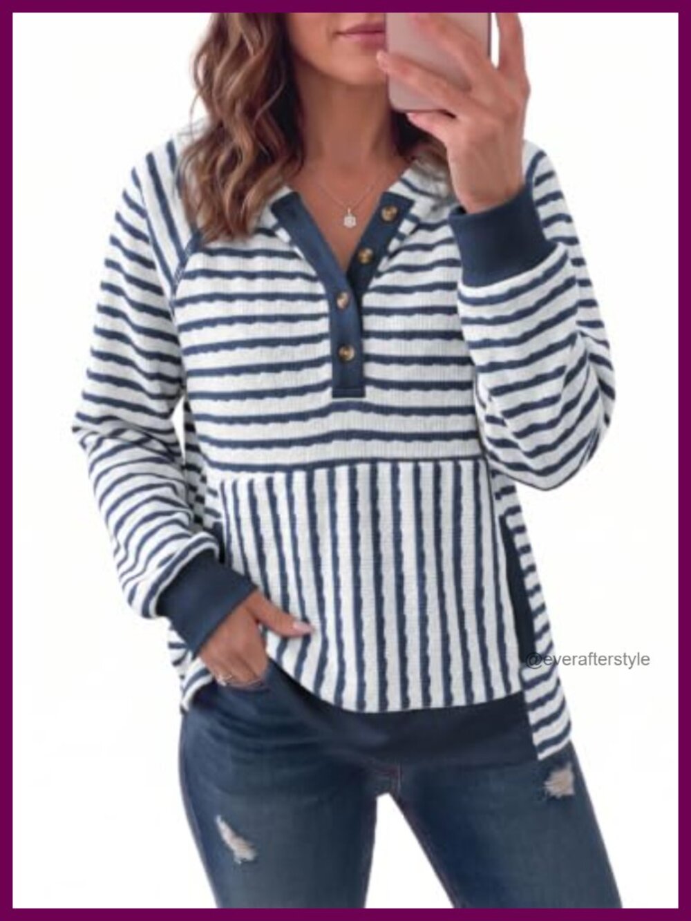 Striped Hoodie Womens V Neck Button Pullover Sweatshirt Long Sleeve